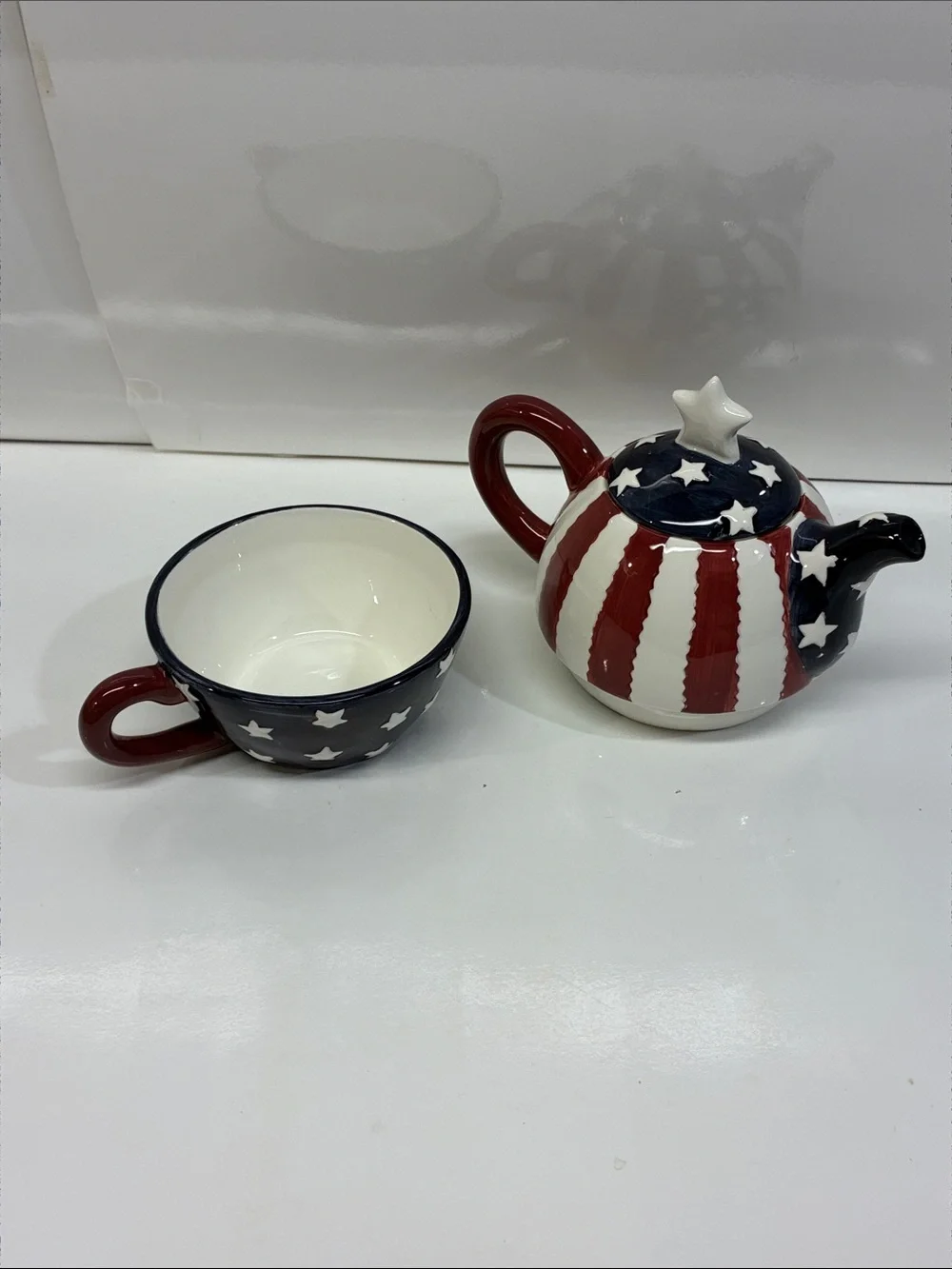 Patriotic Star Ceramic Teapot and Cup Set - Red, White & Blue